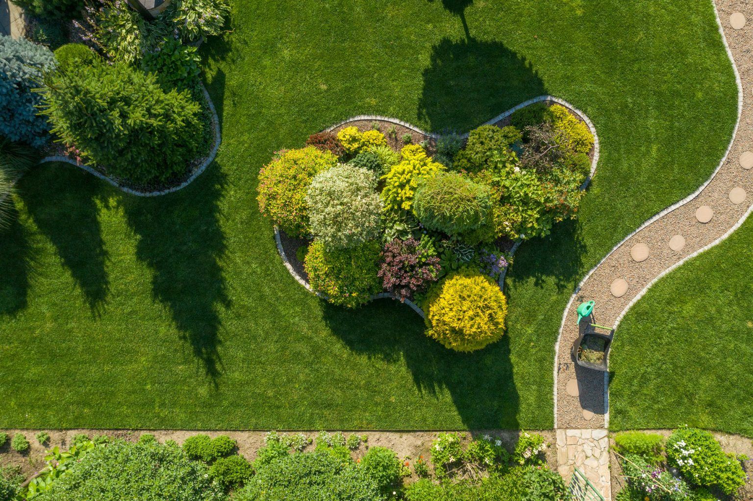 Aerial view of a vibrant landscaped garden featuring diverse shrubs and flowers, bordered by a winding stone pathway, showcasing Atlas Landscape's custom outdoor design services.